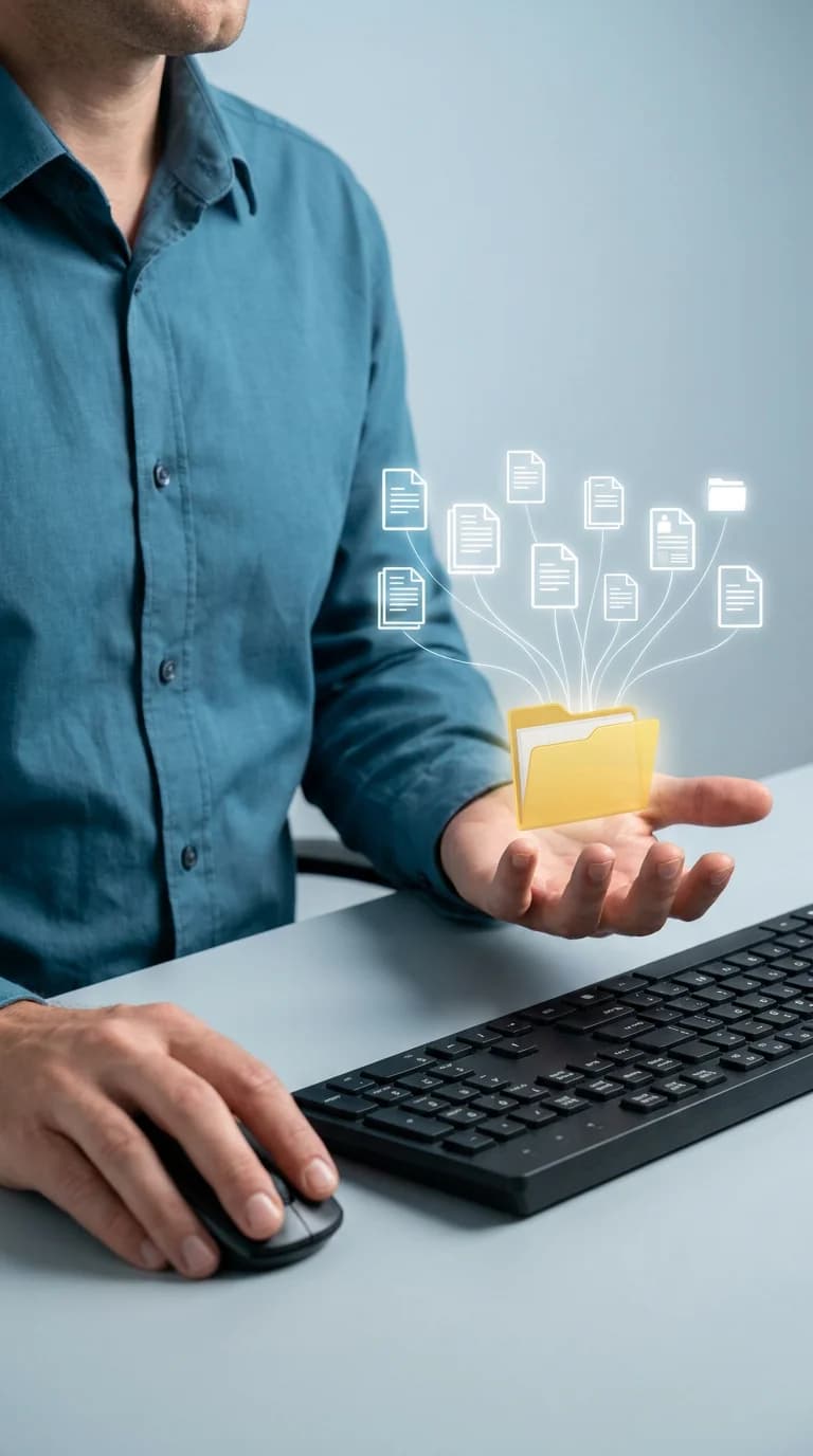 An employee at a laptop with client files open beside them