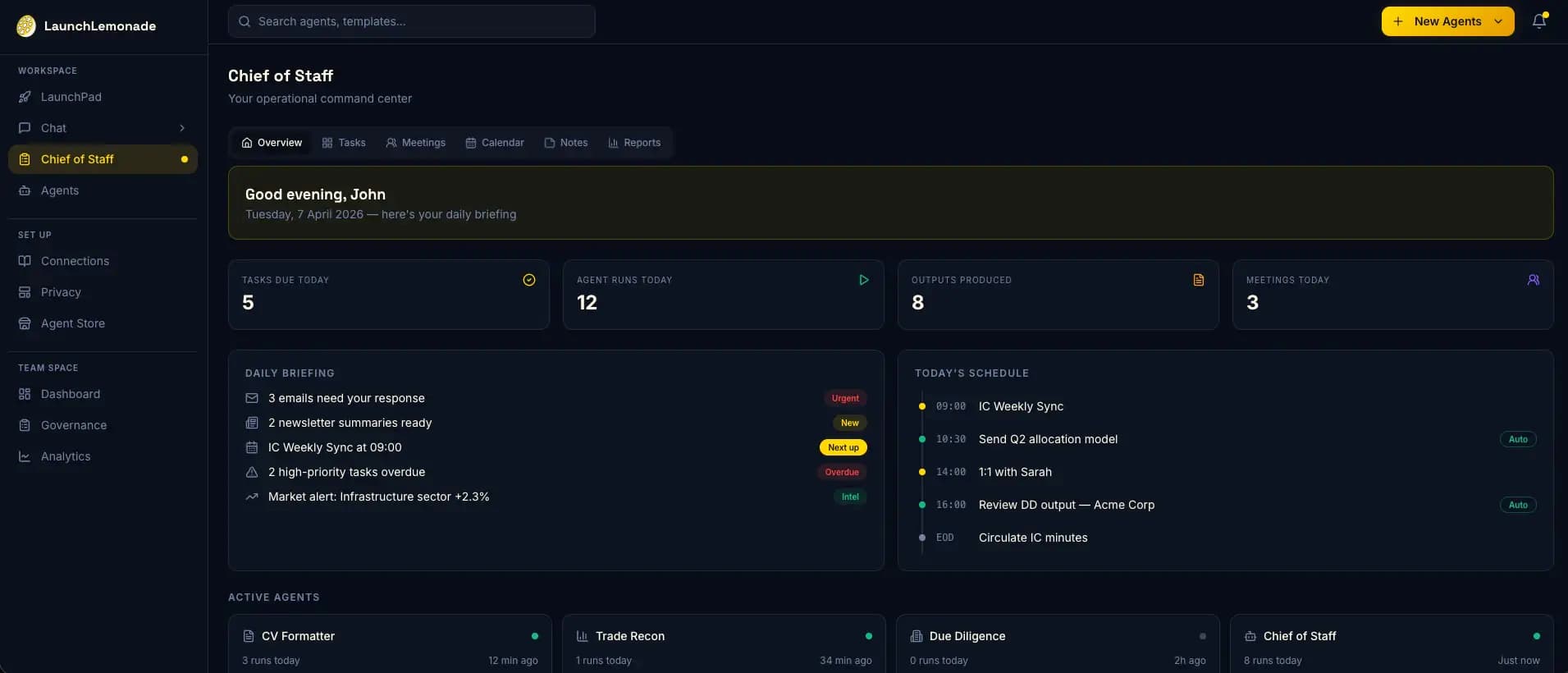 Chief of Staff dashboard showing daily briefing, meetings, schedule, and active agents