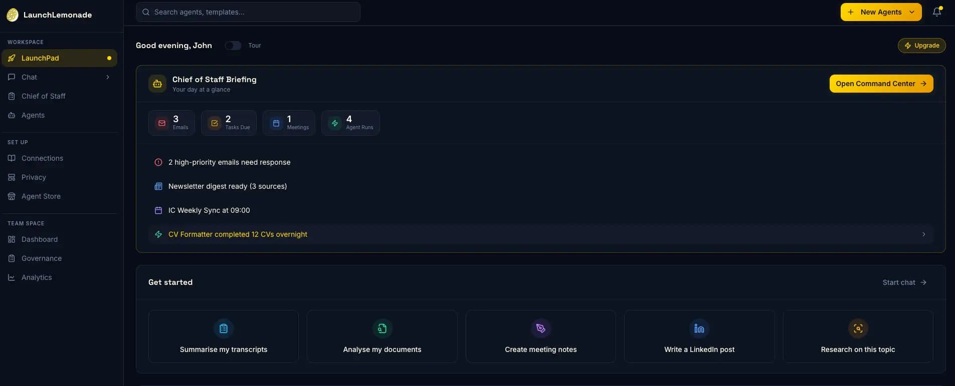 LaunchLemonade dashboard with Chief of Staff briefing showing daily tasks, meetings, and active agents