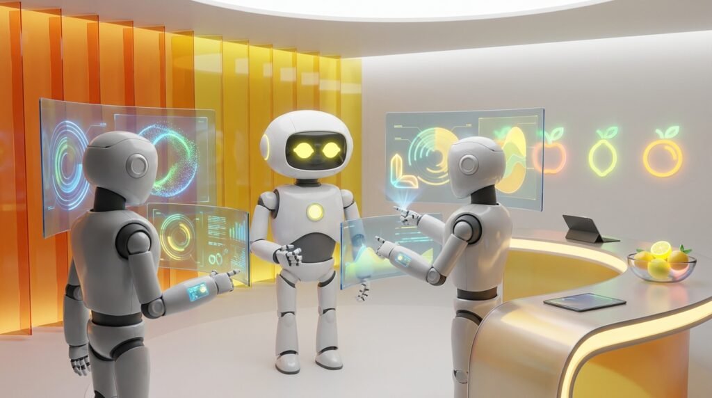 A team of friendly 3D AI robots collaborating in a vibrant, lemon-accented modern workspace, illustrating LaunchLemonade's mission of democratizing access to AI tools.