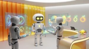A team of friendly 3D AI robots collaborating in a vibrant, lemon-accented modern workspace, illustrating LaunchLemonade's mission of democratizing access to AI tools.