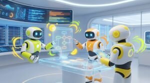 Three friendly, stylized AI robots collaborating in a bright, modern tech workspace with vibrant lemon-yellow accents, illustrating the process of building copilots using effective AI instructions.
