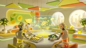 "Three friendly AI robots collaborating creatively in a modern tech workspace with bright lemon accents, representing a no-code AI platform for creators.