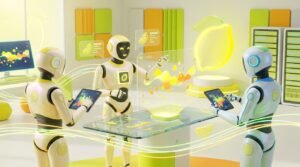 A vibrant 3D rendering of friendly AI robots collaborating in a modern workspace with zesty lemon accents, illustrating the dynamic difference between LaunchLemonade and generic AI content generators.
