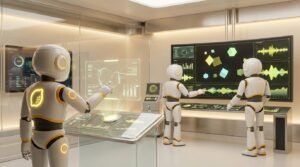 LaunchLemonade vs standard AI - AI robots working collaboratively in a citrus-inspired tech workspace