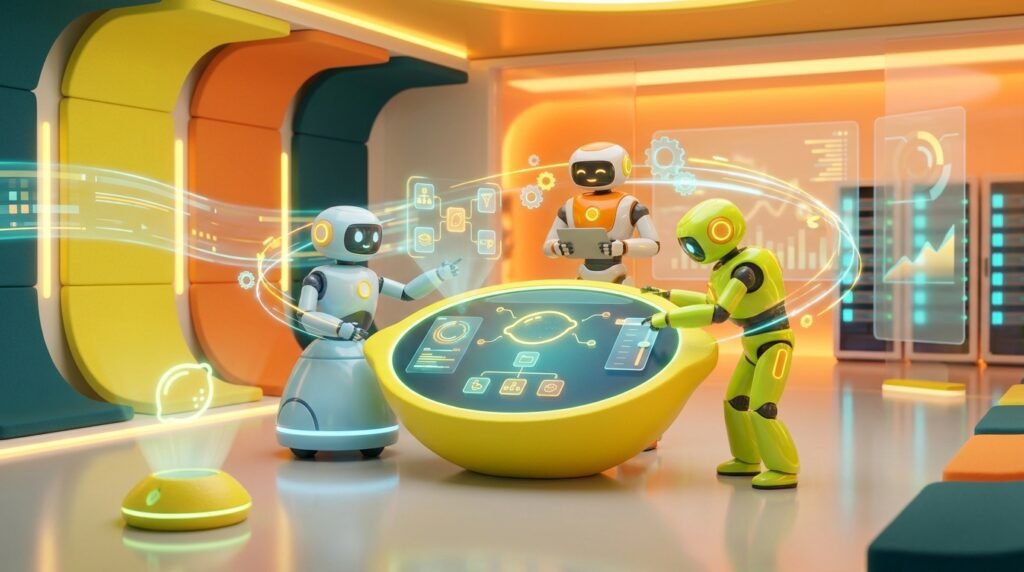 Friendly 3D AI robots collaborating in a vibrant, lemon-themed tech room, perfectly illustrating how to build AI agents no code.