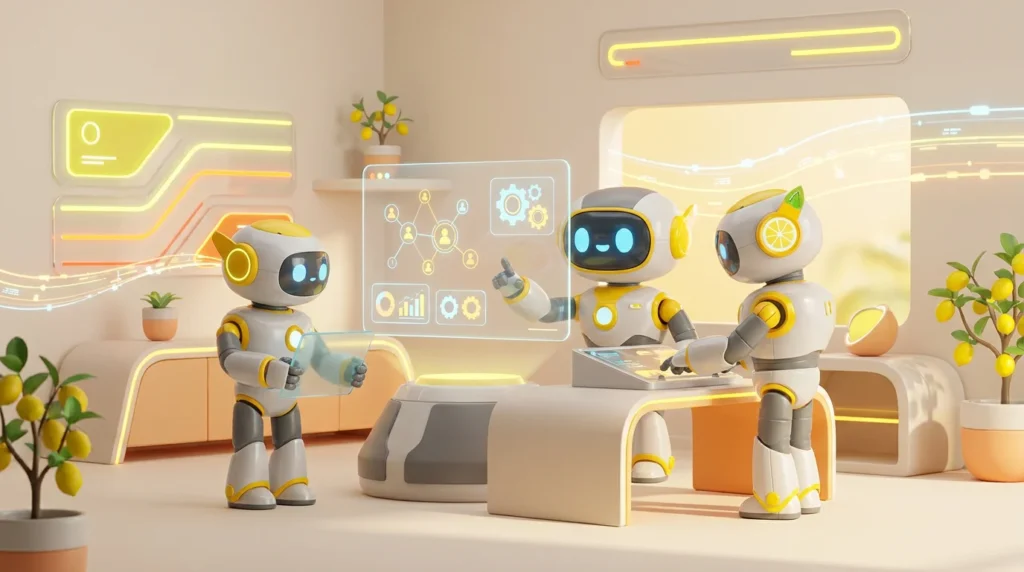 Friendly AI robots collaborating around glowing data visuals in a modern tech room, illustrating basic AI terms for business owners with vibrant lemon-yellow accents.