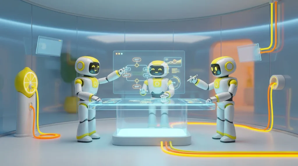 Three friendly AI robots collaborate in a vibrant, lemon-accented 3D audiovisual workspace, illustrating a visual workflow for AI creation.