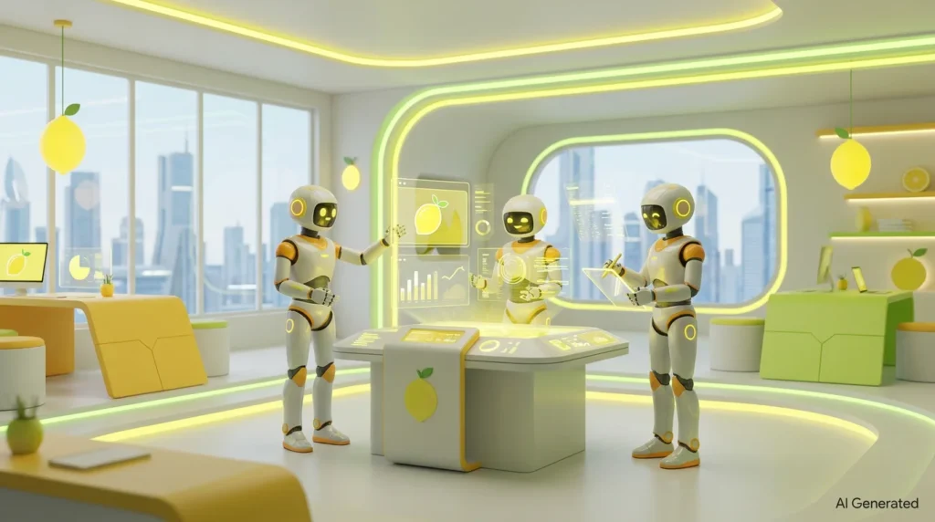3D illustration of three friendly AI robots collaborating in a bright, lemon-accented tech studio, representing custom AI agents for freelancers.