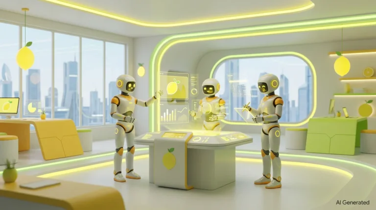 3D illustration of three friendly AI robots collaborating in a bright, lemon-accented tech studio, representing custom AI agents for freelancers.