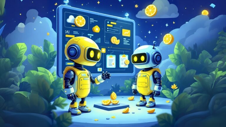 Two robots in a futuristic jungle interact with a screen displaying a colourful visual workflow with charts and icons