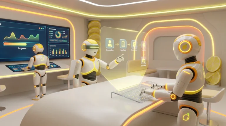 Three friendly AI robots automate client onboarding in a vibrant lemon-inspired 3D workspace, organising workflows and client setup tasks.