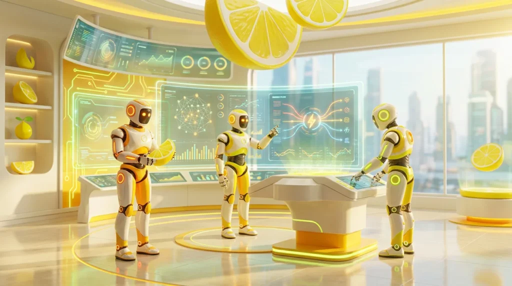 LaunchLemonade vs single-LLM platforms: three friendly AI robots collaborate in a vibrant, lemon-inspired 3D audiovisual workspace, analysing multiple glowing interfaces in a modern tech environment.