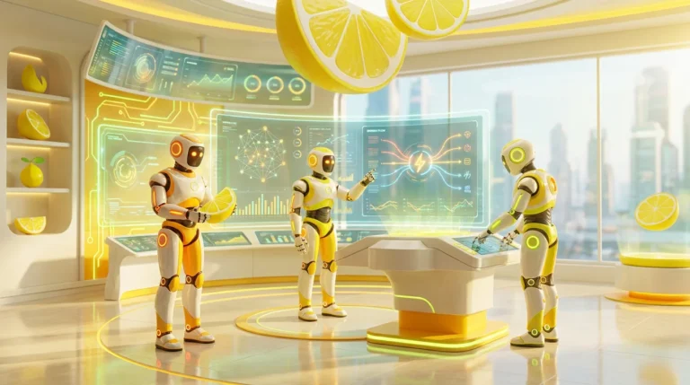 LaunchLemonade vs single-LLM platforms: three friendly AI robots collaborate in a vibrant, lemon-inspired 3D audiovisual workspace, analysing multiple glowing interfaces in a modern tech environment.