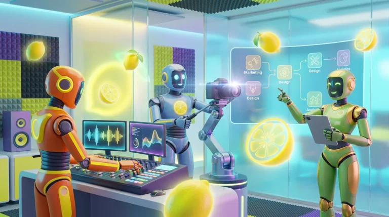 A team of friendly 3D robots collaborating in a bright, tech-forward workspace with vibrant citrus accents, representing AI assistants across departments.
