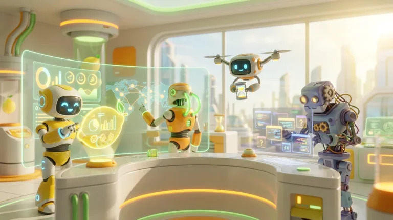 A team of friendly AI research bots collaborating in a bright, modern tech room with vibrant lemon-yellow accents.
