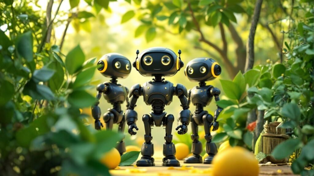 Three friendly robots standing among green plants and oranges, symbolising collaboration of Claude, GPT‑4, and Gemini in one AI agent