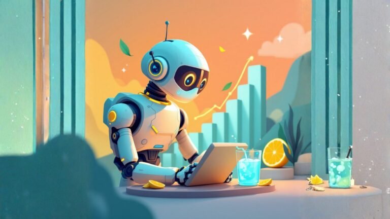A robot using a laptop with lemonade and growth charts, symbolising how LaunchLemonade empowers teams and agencies to scale efficiently