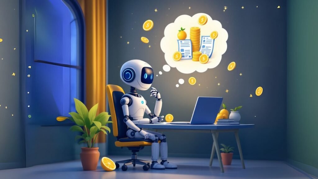 Optimistic robot thinking about making money using AI