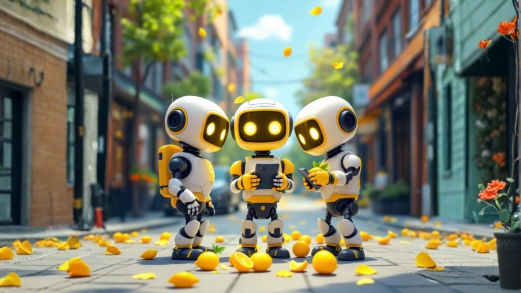 Robots collaborating with devices on a vibrant street, symbolising building AI community through no-code AI tools and shared innovation
