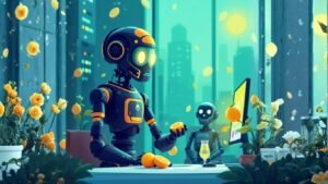 Futuristic AI agents at a desk squeezing lemons into lemonade, symbolising LaunchLemonade's smart automation for business cost savings