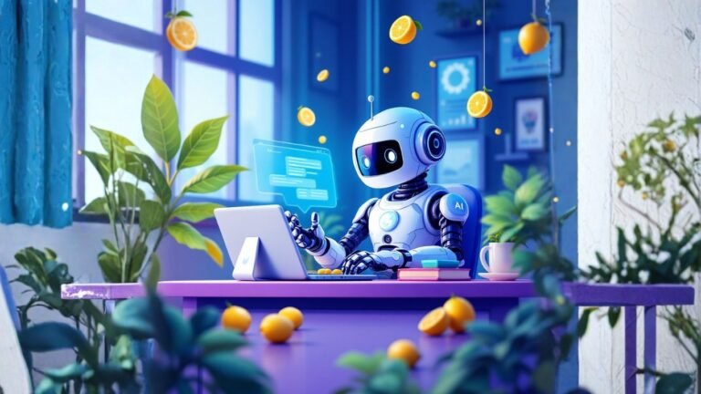 AI robot at desk with lemons, representing creativity while showcasing LaunchLemonade unique features from user stories