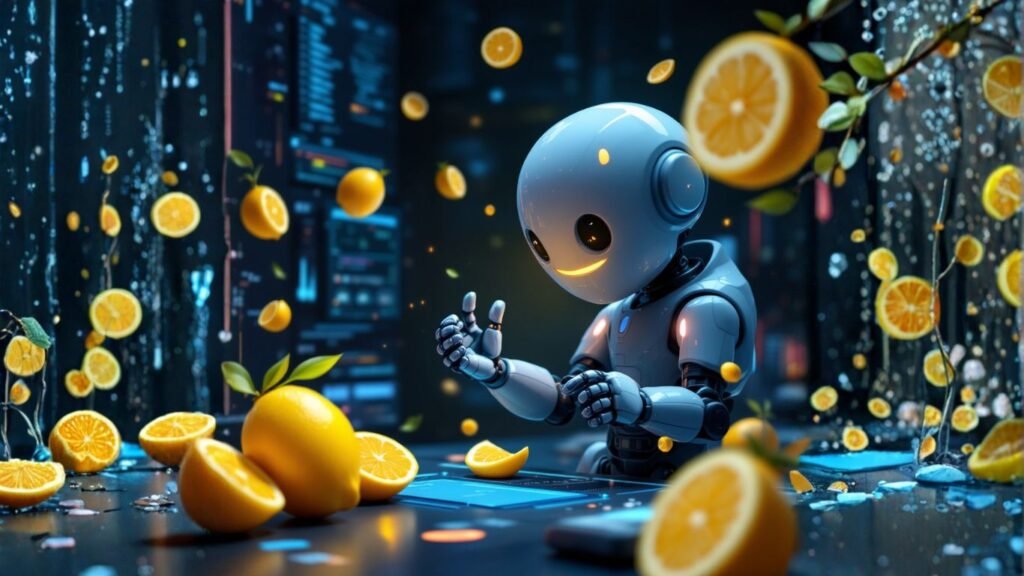 Smiling robot surrounded by lemons at a control panel, symbolising quirks in aging AI models amid a high-tech backdrop