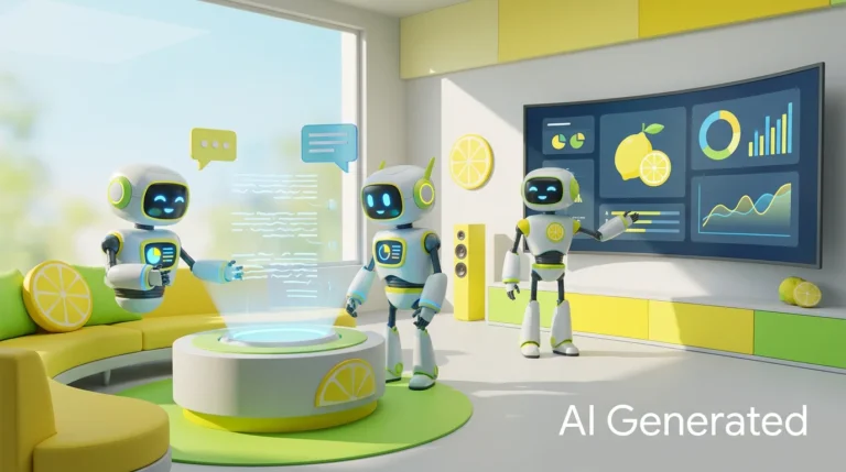 How does NLP make AI understand human language: three friendly AI robots collaboratively analyze glowing speech patterns and language data in a bright, lemon-accented futuristic audiovisual workspace.