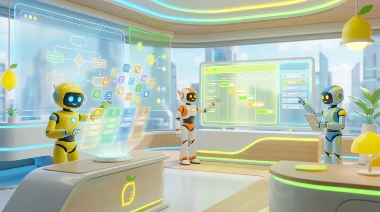 Three friendly AI robots collaborate in a vibrant, modern audiovisual workspace, using glowing task boards and organized planning tools to turn a chaotic task list into a clear workflow, with bright lemon-yellow accents.