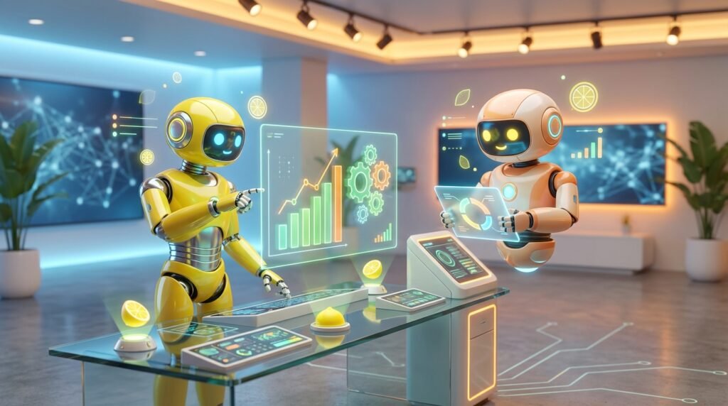 Team of friendly AI robots collaborating in a bright, modern tech space with citrus accents, illustrating how to build recurring revenue using subscription AI systems.