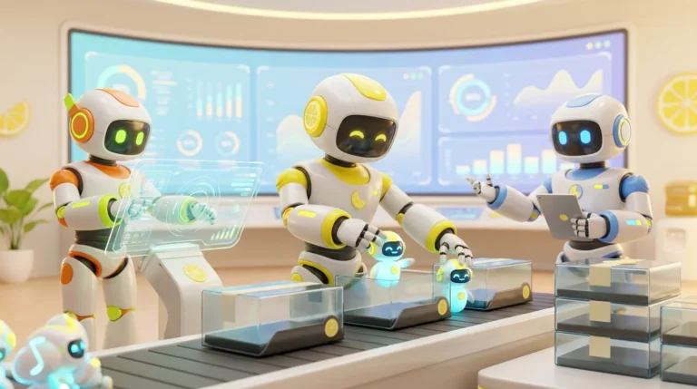 Three friendly AI robots collaborate in a vibrant, lemon-accented tech studio, illustrating AI agent subscription services packaged for monthly delivery.