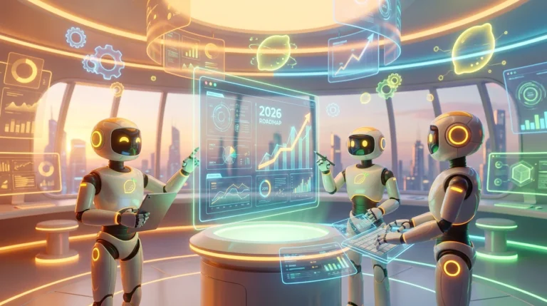 Three friendly AI robots collaborate in a vibrant, lemon-accented tech studio, turning an AI side project into a profitable business with creative planning and analytics.