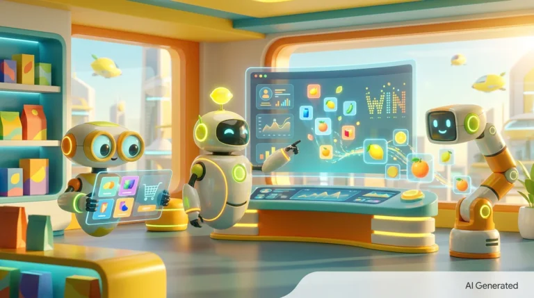 AI personalized shopping recommendations visualized by three friendly AI robots collaboratively analyzing bright product displays in a modern citrus-accented tech room.