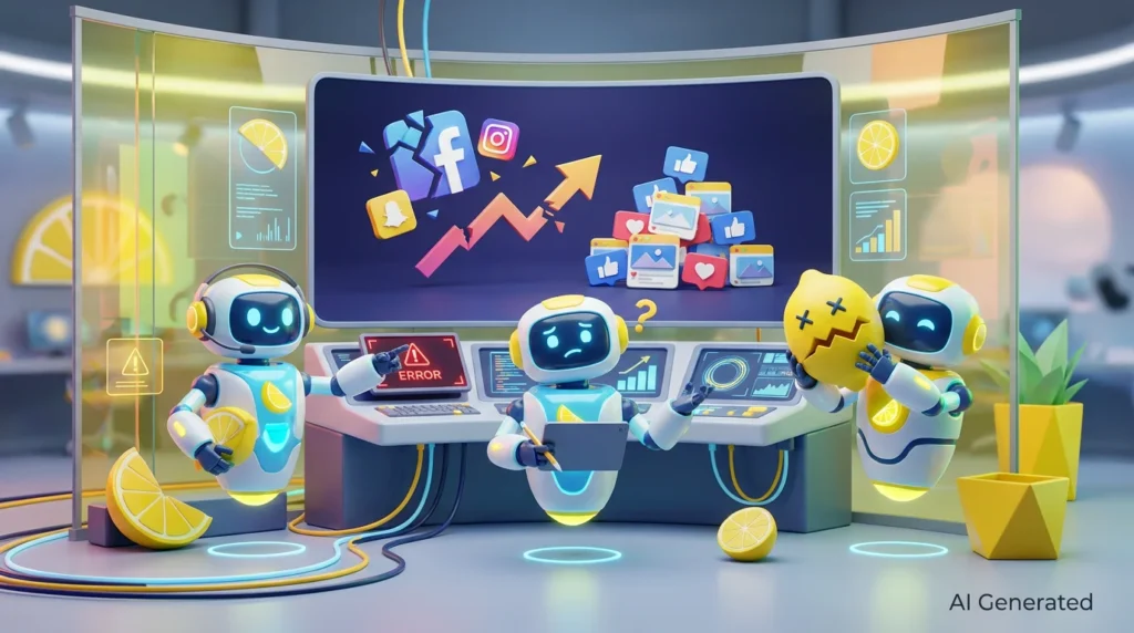 AI for social media content creation concept showing three friendly 3D robots collaboratively reviewing creative ideas in a bright, lemon-accented audiovisual workspace.