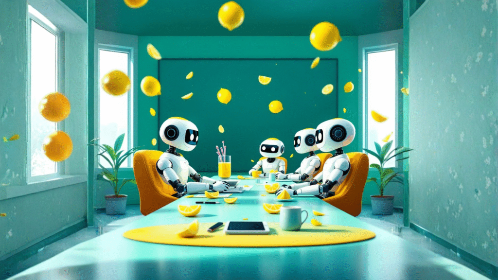Team of AI robots in a meeting room collaborating on how consultants build entire client portals with embedded AI assistants to enhance automation and service