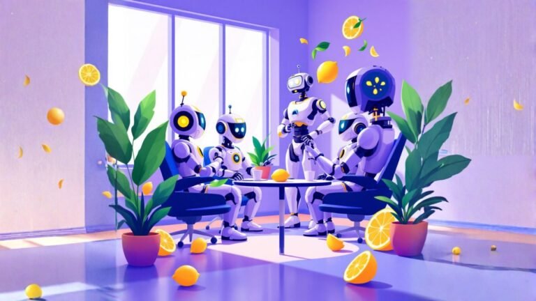 Team of AI robots in a meeting room discussing how coaches can deliver personalized coaching exercises through a smart AI chatbot to enhance client learning
