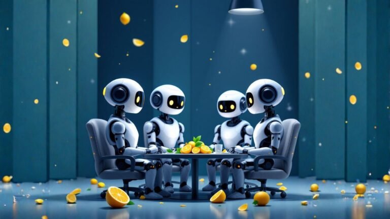 Team of AI robots in a professional boardroom collaborating to improve AI assistant workflows, showing how AI enhances productivity in team meetings