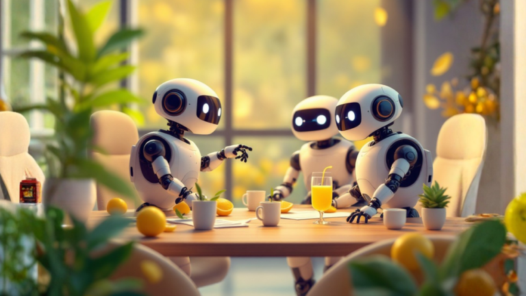 Team of AI robots in a meeting room collaborating on how to build a custom AI assistant in just 24 hours to automate tasks and enhance business efficiency