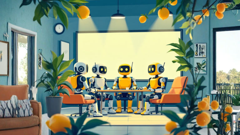 Team of AI robots collaborating on how to make an AI assistant sound more natural and human when interacting with clients effectively