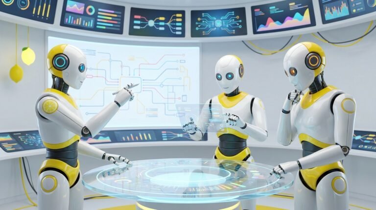 AI governance shown through friendly 3D robots collaborating in a bright tech room, analysing systems together to enable responsible innovation and progress.