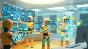 Futuristic 3D AI robot team working to show how AI supports compliance for the blog post How AI Supports Compliance in Regulated Teams.