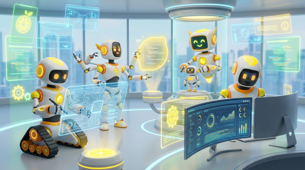 Enterprises build AI assistants and products shown as friendly AI robots collaborating in a vibrant 3D tech room, analysing systems with motion, citrus tones, and innovation.