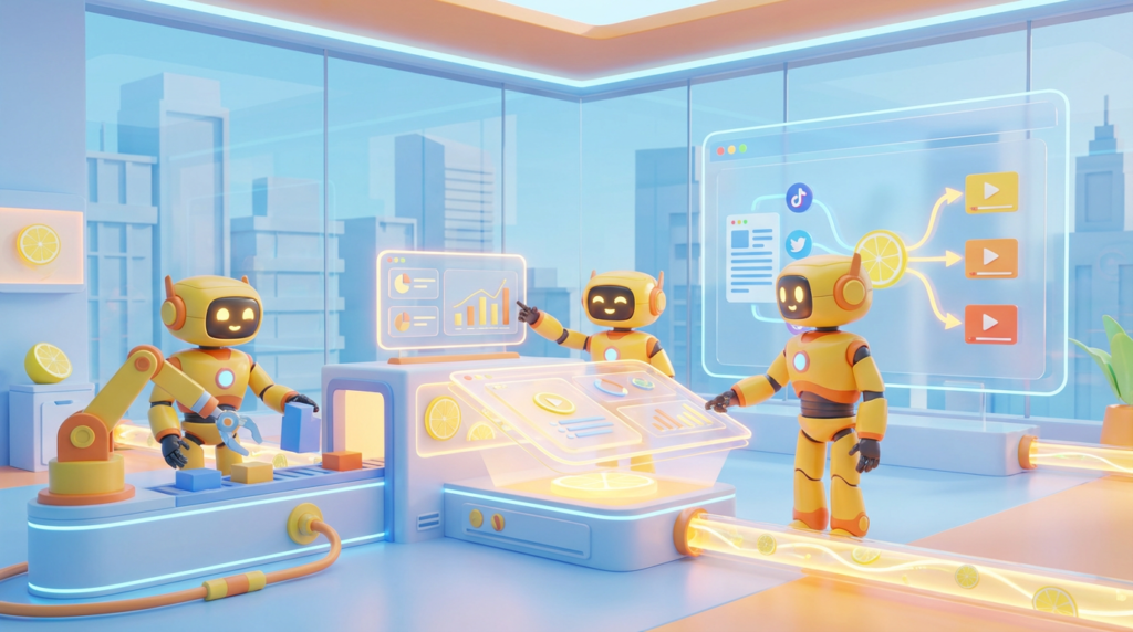 Team of friendly AI robots collaborating in a bright, modern tech space with citrus accents, illustrating how a repurposing bot copywriter streamlines content creation.