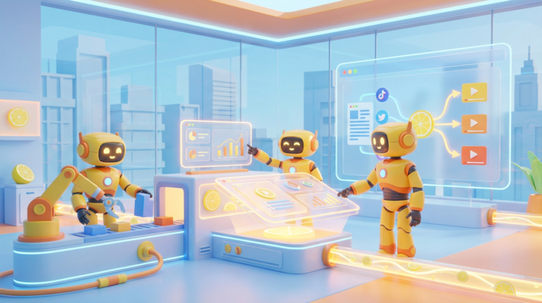 Team of friendly AI robots collaborating in a bright, modern tech space with citrus accents, illustrating how a repurposing bot copywriter streamlines content creation.
