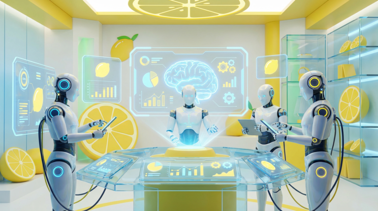 Team of friendly AI robots collaborating in a bright, modern tech space with citrus accents, showcasing how a Marketing Brain bot shares insights anyone can access.