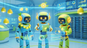 Team of friendly AI robots collaborating in a bright, modern tech space with citrus accents, showing how team AI agents stay up‑to‑date through continuous learning.