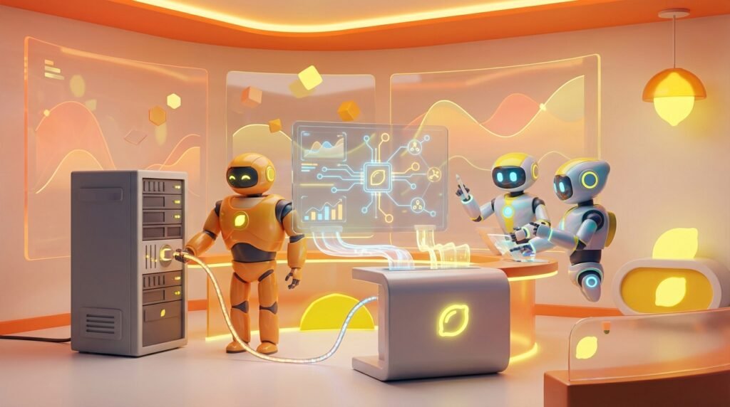 Collaborative 3D robots in a tech space defining Legacy Systems to AI Agents for the Legacy Systems to AI Agents Migration Guide.