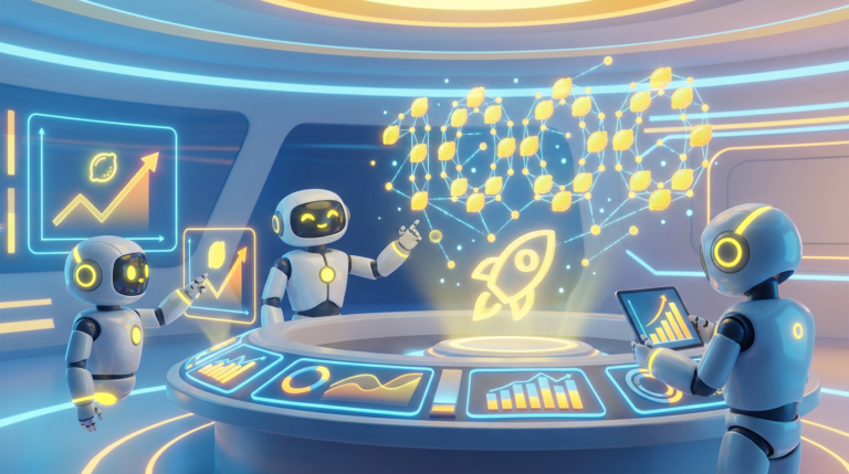 Team of friendly AI robots collaborating in a bright, modern tech space with citrus accents, showing how organisations scale AI agents from one to thousands successfully.
