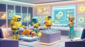Four friendly AI robots collaborating in a modern tech workspace, representing troubleshooting solutions for an AI assistant not working — vibrant lemon-yellow accents and cinematic 3D rendering by LaunchLemonade.