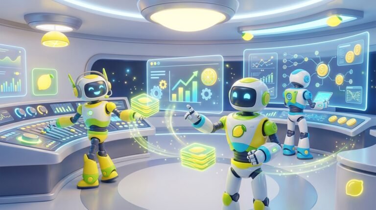 Make Money With AI depicted as friendly 3D robots collaborating in a vibrant citrus-lit tech studio, driving innovation and revenue growth.
